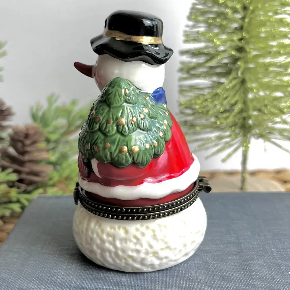 Snowman Christmas Tree Hinged Trinket Box Porcelain Handpainted 3.75